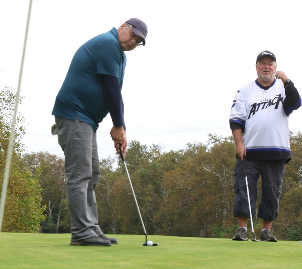 Two men playing golf