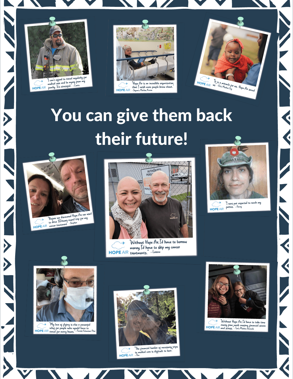 Affiche conçue à partir de photos de style Polaroid représentant des patients, des pilotes et des personnes impliquées dans Hope Air.